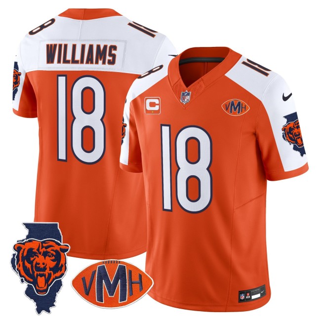 Men's Chicago Bears #18 Caleb Williams 2025 Nike F.U.S.E. With 1-star C & 'VMH' & Map Patch Stitched NFL Football Jersey Orange Alternate - Virginia McCaskey Memorial Patch