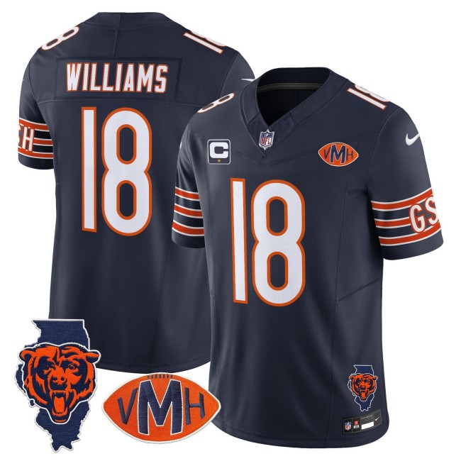 Men's Chicago Bears #18 Caleb Williams Navy 2025 Nike F.U.S.E. With 1-star C & 'VMH' & Map Patch Stitched NFL Football Jersey - Virginia McCaskey Memorial Patch