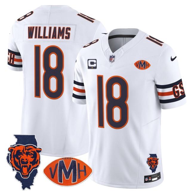 Men's Chicago Bears #18 Caleb Williams White 2025 Nike F.U.S.E. With 1-star C & 'VMH' & Map Patch Stitched NFL Football Jersey - Virginia McCaskey Memorial Patch