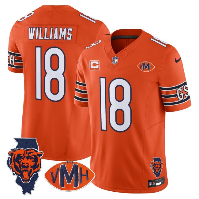 Men's Chicago Bears #18 Caleb Williams Orange 2025 Nike F.U.S.E. With 1-star C & 'VMH' & Map Patch Stitched NFL Football Jersey - Virginia McCaskey Memorial Patch