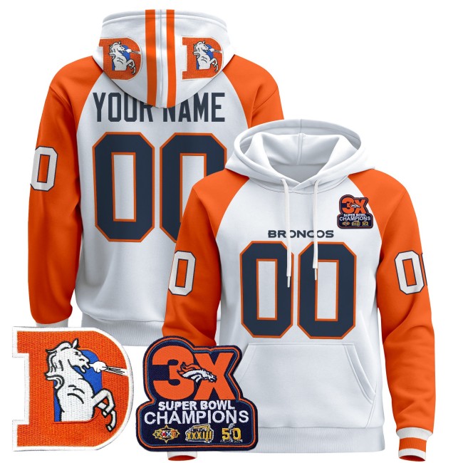Denver Broncos Custom Throwback 3X Super Bowl Patch Premium Pullover Hoodie Orange Sleeves - All Stitched