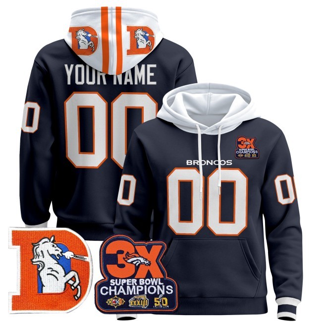 Denver Broncos Navy Throwback 3X Super Bowl Patch Premium Custom Pullover Hoodie - All Stitched