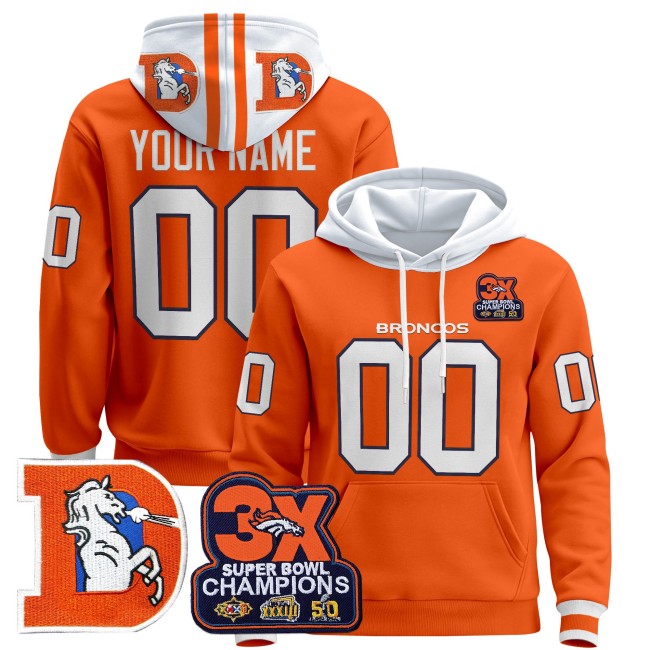 Denver Broncos Orange Throwback 3X Super Bowl Patch Premium Custom Pullover Hoodie - All Stitched