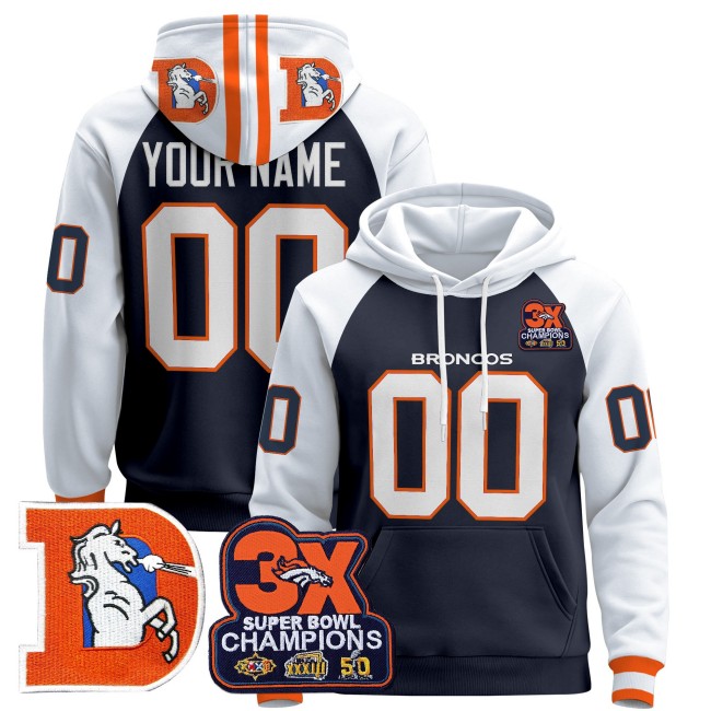 Denver Broncos Custom Throwback 3X Super Bowl Patch Premium Pullover Hoodie Navy Alternate - All Stitched