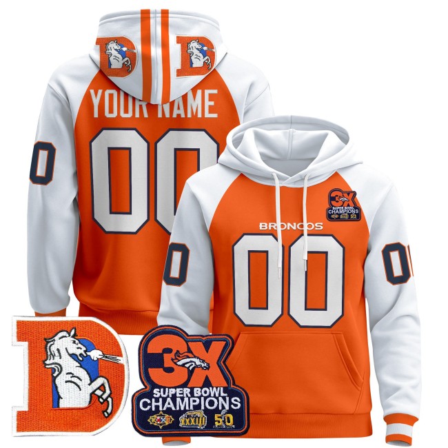 Denver Broncos Custom Throwback 3X Super Bowl Patch Premium Pullover Hoodie Orange Alternate - All Stitched