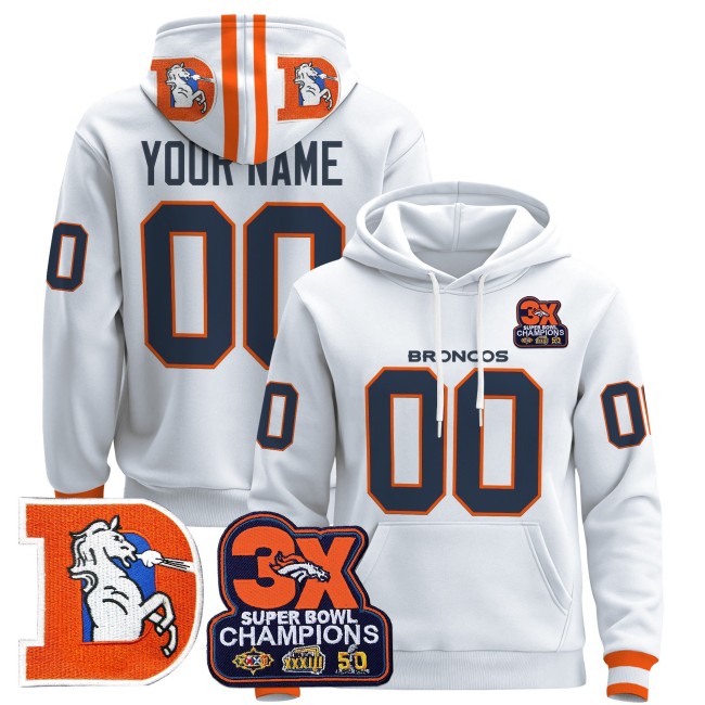 Denver Broncos White Throwback 3X Super Bowl Patch Premium Custom Pullover Hoodie - All Stitched