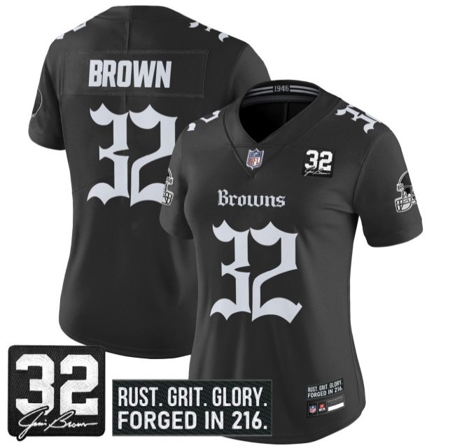 Women's Cleveland Browns #32 Jim Brown 'Gothic Dawg Shadows Drop' Vapor Limited Stitched NFL Jersey - Black