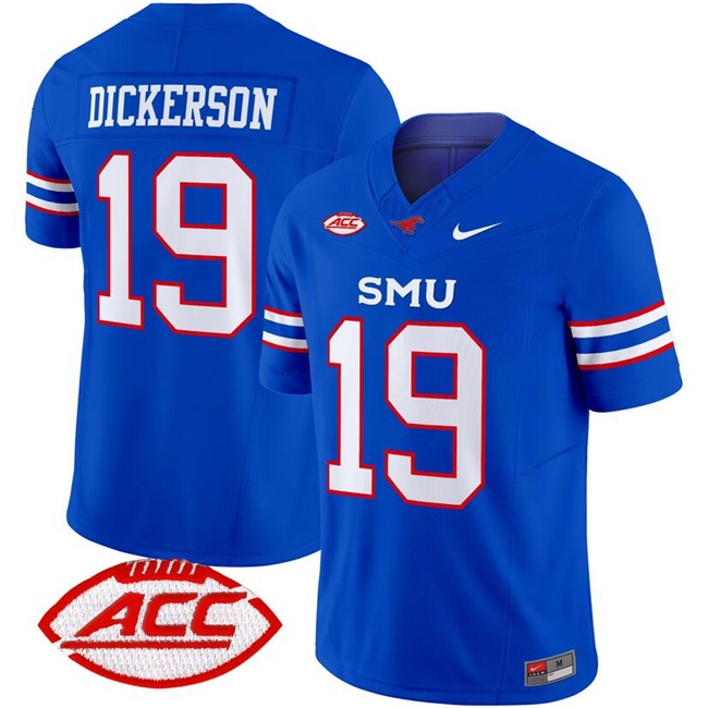 Men's SMU Mustangs #19 Eric Dickerson Royal 2025 F.U.S.E. ACC Patch Vapor Limited Stitched Football Jersey