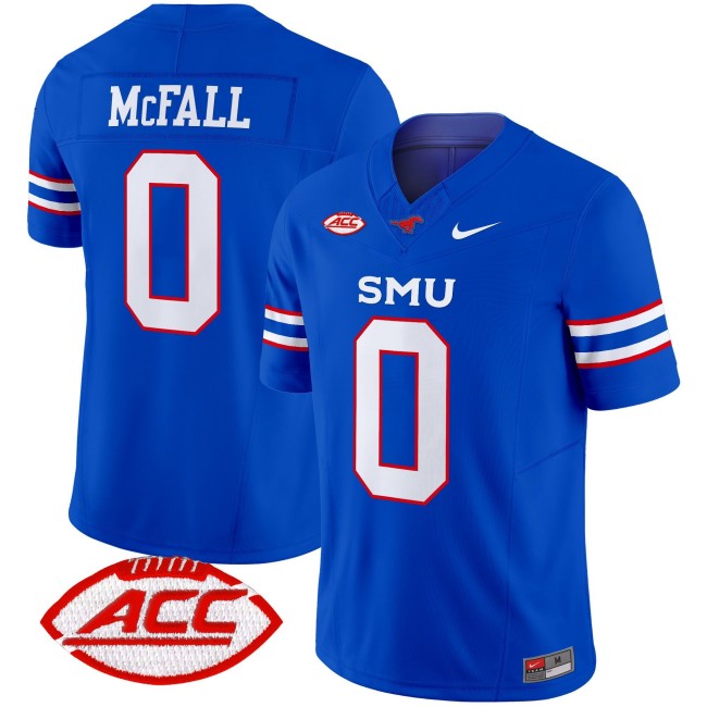 Men's SMU Mustangs #0 Derrick McFall Royal 2025 F.U.S.E. ACC Patch Vapor Limited Stitched Football Jersey