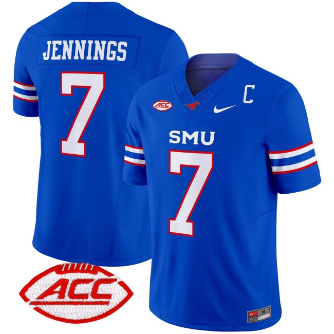 Men's SMU Mustangs #7 Kevin Jennings Royal 2025 F.U.S.E. ACC Patch Vapor Limited Stitched Football Jersey