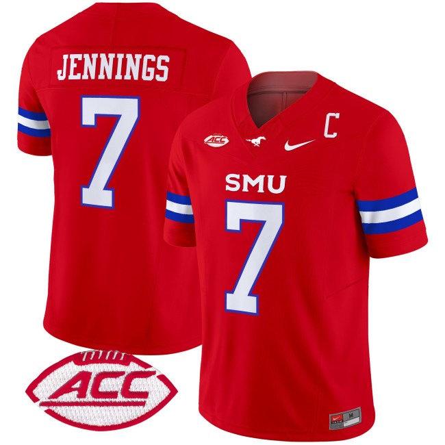 Men's SMU Mustangs #7 Kevin Jennings Red 2025 F.U.S.E. ACC Patch Vapor Limited Stitched Football Jersey