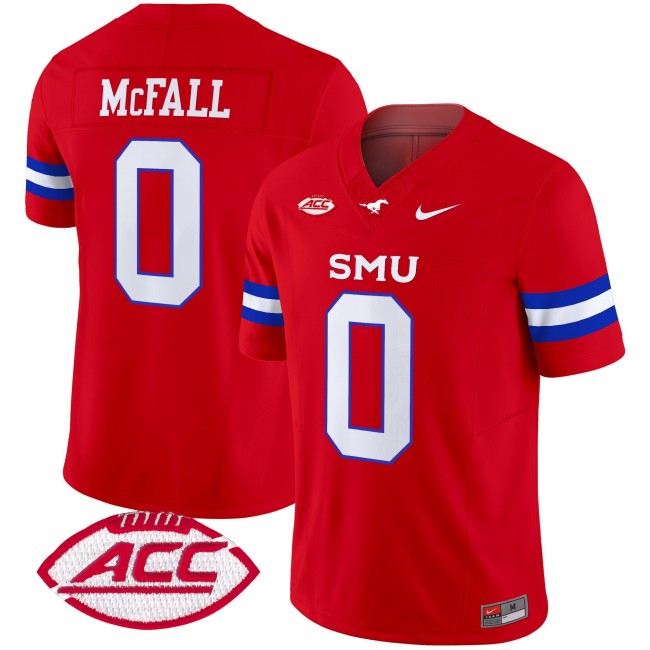 Men's SMU Mustangs #0 Derrick McFall Red 2025 F.U.S.E. ACC Patch Vapor Limited Stitched Football Jersey