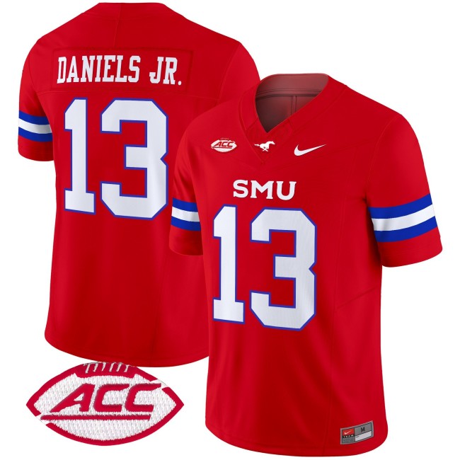 Men's SMU Mustangs #13 Roderick Daniels Jr. Red 2025 F.U.S.E. ACC Patch Vapor Limited Stitched Football Jersey