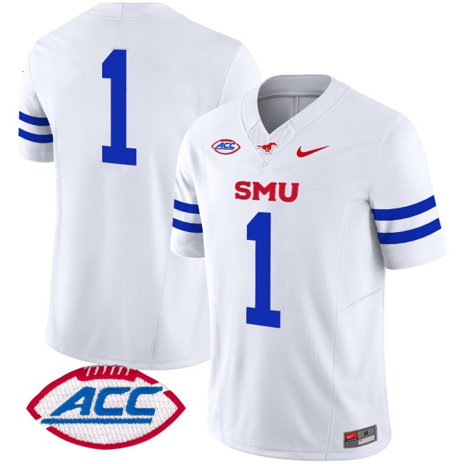 Men's SMU Mustangs #1 Ice White 2025 F.U.S.E. ACC Patch Vapor Limited Stitched Football Jersey