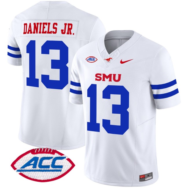 Men's SMU Mustangs #13 Roderick Daniels Jr. Ice White 2025 F.U.S.E. ACC Patch Vapor Limited Stitched Football Jersey