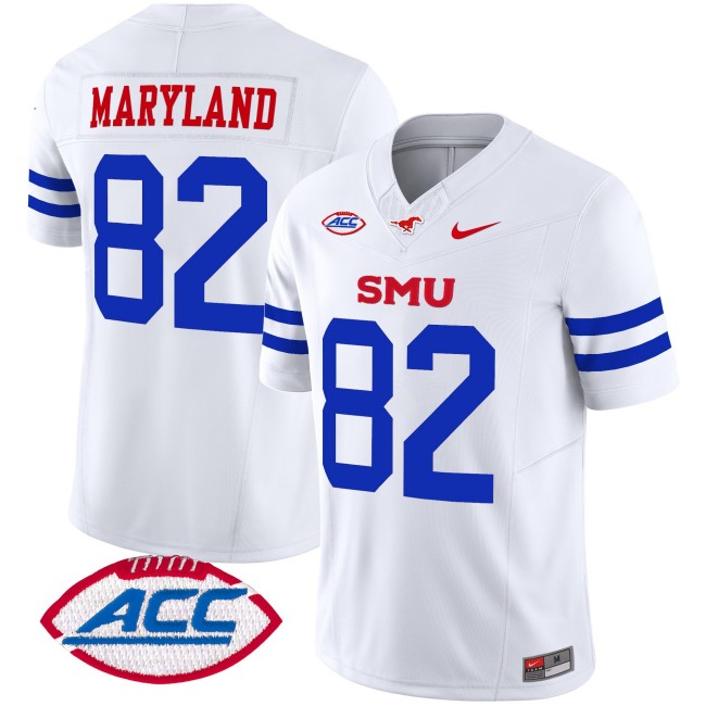 Men's SMU Mustangs #82 RJ Maryland Ice White 2025 F.U.S.E. ACC Patch Vapor Limited Stitched Football Jersey