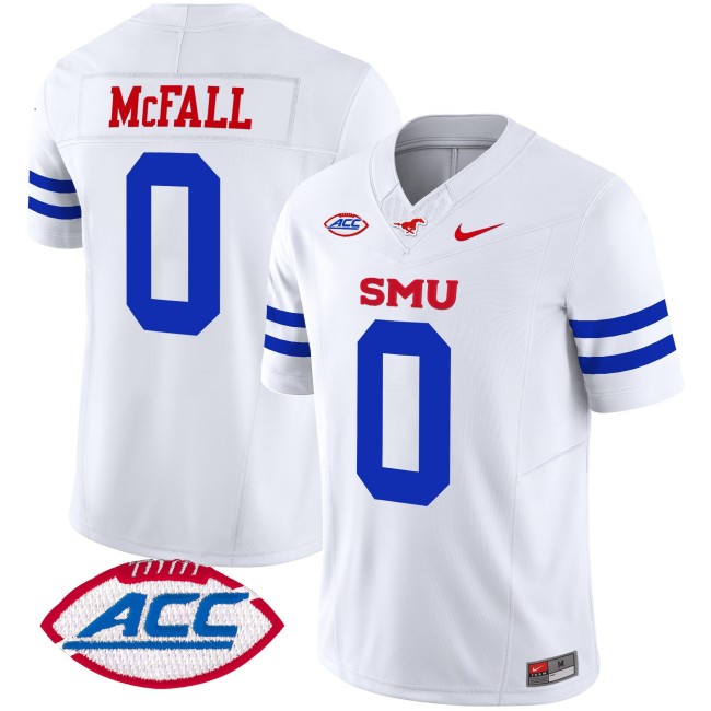 Men's SMU Mustangs #0 Derrick McFall Ice White 2025 F.U.S.E. ACC Patch Vapor Limited Stitched Football Jersey