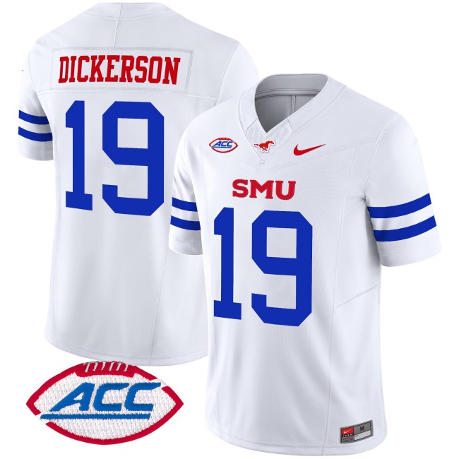 Men's SMU Mustangs #19 Eric Dickerson Ice White 2025 F.U.S.E. ACC Patch Vapor Limited Stitched Football Jersey