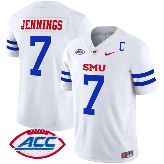 Men's SMU Mustangs #7 Kevin Jennings Ice White 2025 F.U.S.E. ACC Patch Vapor Limited Stitched Football Jersey
