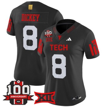 Women's Texas Tech Red Raiders #8 Cameron Dickey Black 100th Anniversary Patch 2025 Vapor Limited Stitched Football Jersey