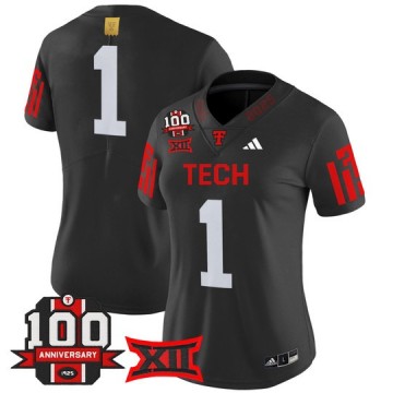 Women's Texas Tech Red Raiders #1 Black 100th Anniversary Patch 2025 Vapor Limited Stitched Football Jersey
