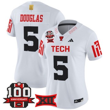 Women's Texas Tech Red Raiders #5 Caleb Douglas White 100th Anniversary Patch 2025 Vapor Limited Stitched Football Jersey