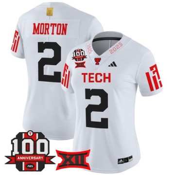 Women's Texas Tech Red Raiders #2 Behren Morton White 100th Anniversary Patch 2025 Vapor Limited Stitched Football Jersey