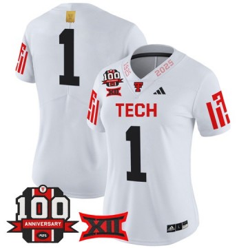 Women's Texas Tech Red Raiders #1 White 100th Anniversary Patch 2025 Vapor Limited Stitched Football Jersey