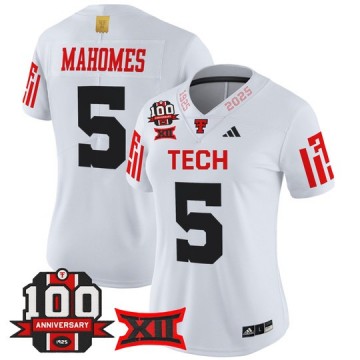 Women's Texas Tech Red Raiders #5 Patrick Mahomes White 100th Anniversary Patch 2025 Vapor Limited Stitched Football Jersey