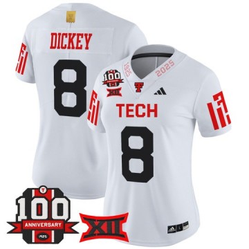 Women's Texas Tech Red Raiders #8 Cameron Dickey White 100th Anniversary Patch 2025 Vapor Limited Stitched Football Jersey