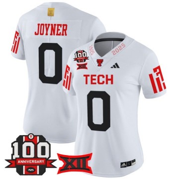 Women's Texas Tech Red Raiders #0 Quinten Joyner White 100th Anniversary Patch 2025 Vapor Limited Stitched Football Jersey