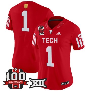 Women's Texas Tech Red Raiders #1 Red 100th Anniversary Patch 2025 Vapor Limited Stitched Football Jersey