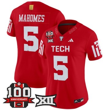 Women's Texas Tech Red Raiders #5 Patrick Mahomes Red 100th Anniversary Patch 2025 Vapor Limited Stitched Football Jersey