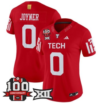Women's Texas Tech Red Raiders #0 Quinten Joyner Red 100th Anniversary Patch 2025 Vapor Limited Stitched Football Jersey