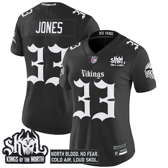 Women's Minnesota Vikings #33 Aaron Jones Black 2025 Kings of the North Patch 'Gothic Norseblood Edition' Vapor Untouchable Limited Stitched Football Jersey(Run Small) Women's Minnesota Vikings #33 Aaron Jones Black 2025 Kings of the North Patch 'Gothic Norseblood Edition' Vapor Untouchable Limited Stitched Football Jersey(Run Small)