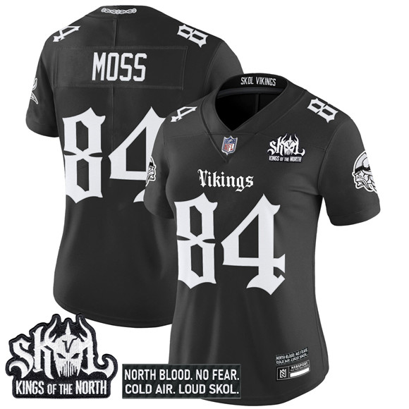 Women's Minnesota Vikings #84 Randy Moss Black 2025 Kings of the North Patch 'Gothic Norseblood Edition' Vapor Untouchable Limited Stitched Football Jersey(Run Small) Women's Minnesota Vikings #84 Randy Moss Black 2025 Kings of the North Patch 'Gothic Norseblood Edition' Vapor Untouchable Limited Stitched Football Jersey(Run Small)