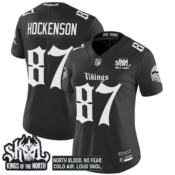 Women's Minnesota Vikings #87 T.J. Hockenson Black 2025 Kings of the North Patch 'Gothic Norseblood Edition' Vapor Untouchable Limited Stitched Football Jersey(Run Small) Women's Minnesota Vikings #87 T.J. Hockenson Black 2025 Kings of the North Patch 'Gothic Norseblood Edition' Vapor Untouchable Limited Stitched Football Jersey(Run Small)