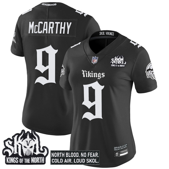 Women's Minnesota Vikings #9 J.J. McCarthy Black 2025 Kings of the North Patch 'Gothic Norseblood Edition' Vapor Untouchable Limited Stitched Football Jersey(Run Small) Women's Minnesota Vikings #9 J.J. McCarthy Black 2025 Kings of the North Patch 'Gothic Norseblood Edition' Vapor Untouchable Limited Stitched Football Jersey(Run Small)