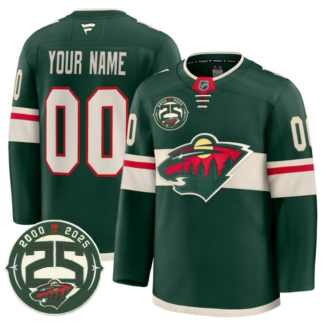 Men's Minnesota Wild Custom Home 25th Anniversary Patch Premium Stitched Jersey - Forest Green