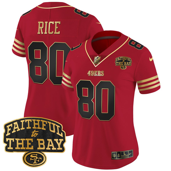 Women's San Francisco 49ers #80 Jerry Rice Red 2025 Faithful To The Bay Patch Limited V8 Stitched Football Jersey