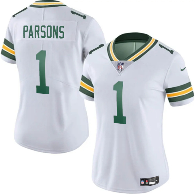 Women's Green Bay Packers #1 Micah Parsons White 2025 Vapor Untouchable Limited Stitched Football Jersey(Run Small) Women's Green Bay Packers #1 Micah Parsons White 2025 Vapor Untouchable Limited Stitched Football Jersey(Run Small)