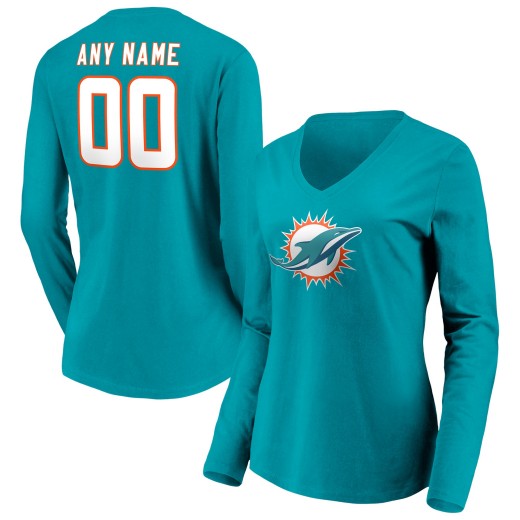 Women's Miami Dolphins Team Personalized Name & Number Long Sleeve V-Neck T-Shirt - Aqua