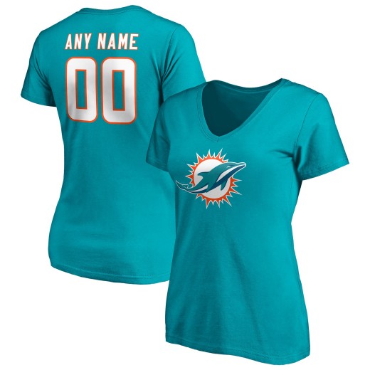 Women's Miami Dolphins Team Personalized Name & Number V-Neck T-Shirt - Aqua