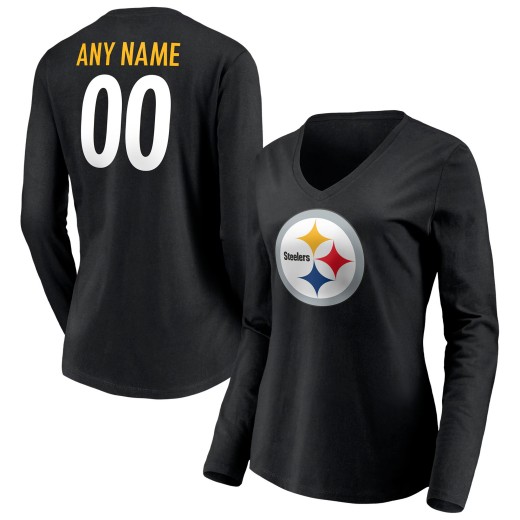 Women's Pittsburgh Steelers Team Personalized Name & Number Long Sleeve V-Neck T-Shirt - Black