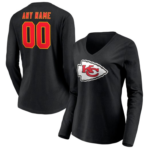 Women's Kansas City Chiefs Team Logo Personalized Name & Number V-Neck Long Sleeve T-Shirt - Black