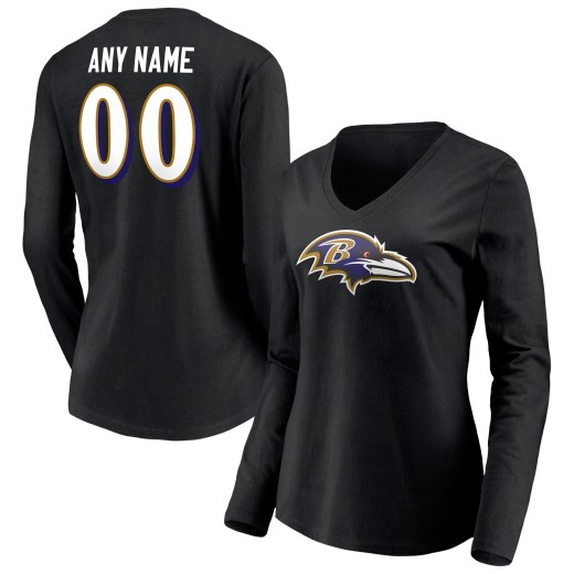 Women's Baltimore Ravens Team Personalized Name & Number Long Sleeve V-Neck T-Shirt - Black