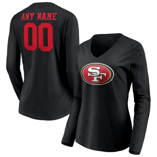 Women's San Francisco 49ers Team Logo Personalized Name & Number V-Neck Long Sleeve T-Shirt - Black