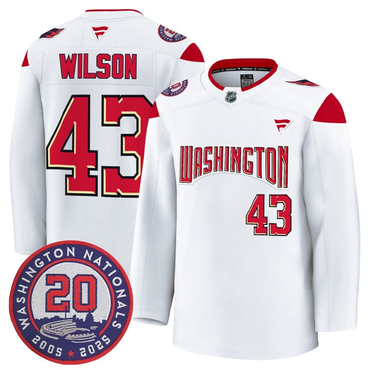 Men's Washington Capitals #43 Tom Wilson White 20th Anniversary Seasons Patch Premium Stitched Jersey