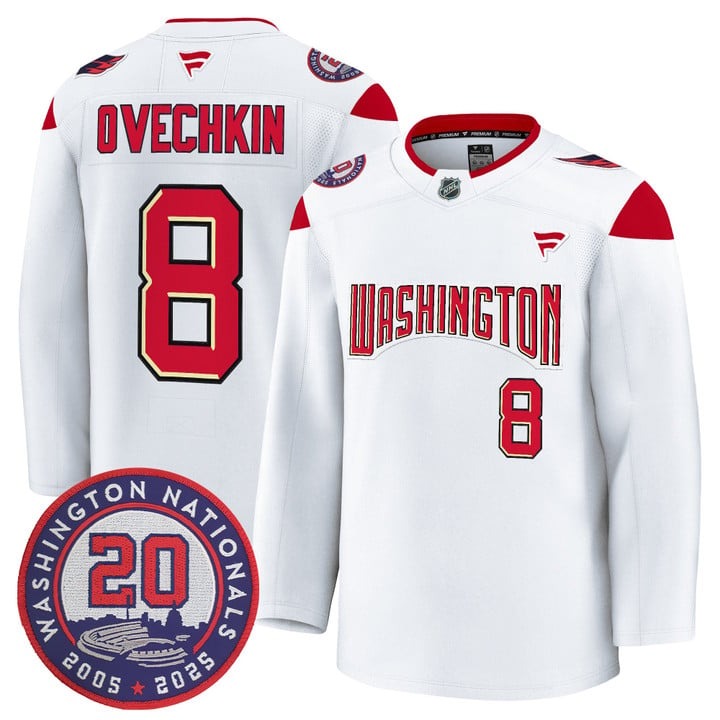 Men's Washington Capitals #8 Alex Ovechkin White 20th Anniversary Seasons Patch Premium Stitched Jersey
