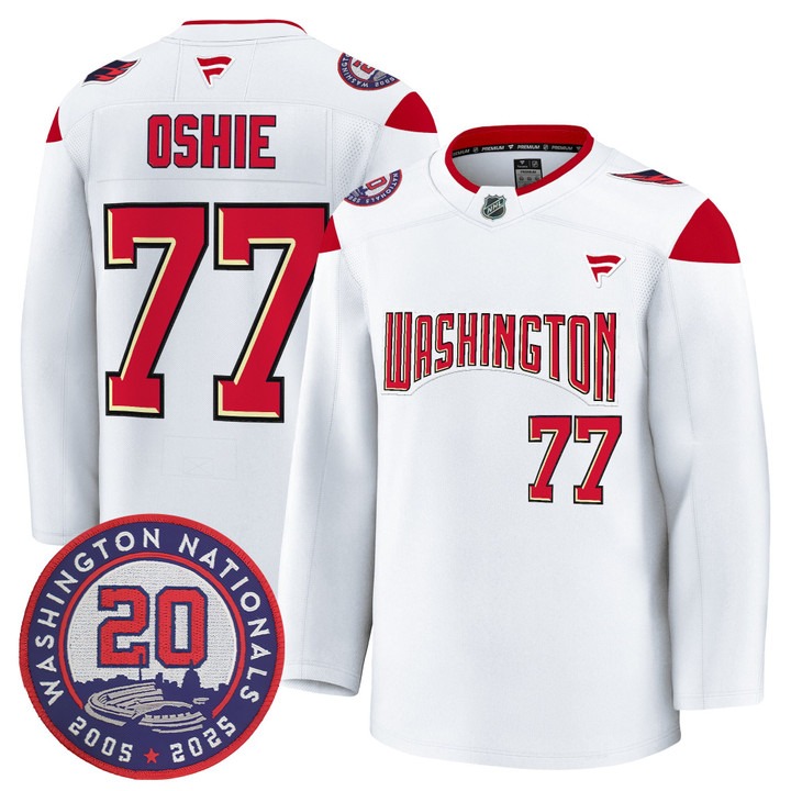 Men's Washington Capitals #77 T.J. Oshie White 20th Anniversary Seasons Patch Premium Stitched Jersey